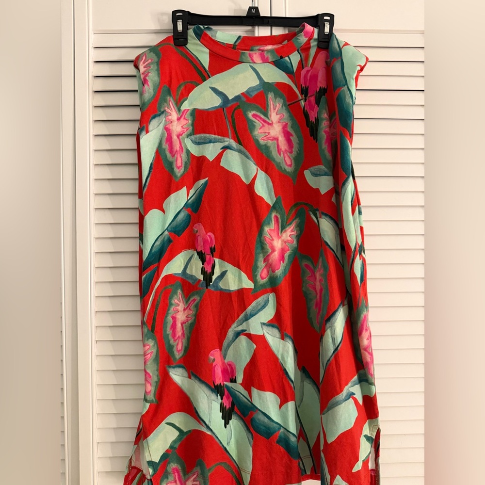Tropical Red Floral Mini Dress with Parrot Print